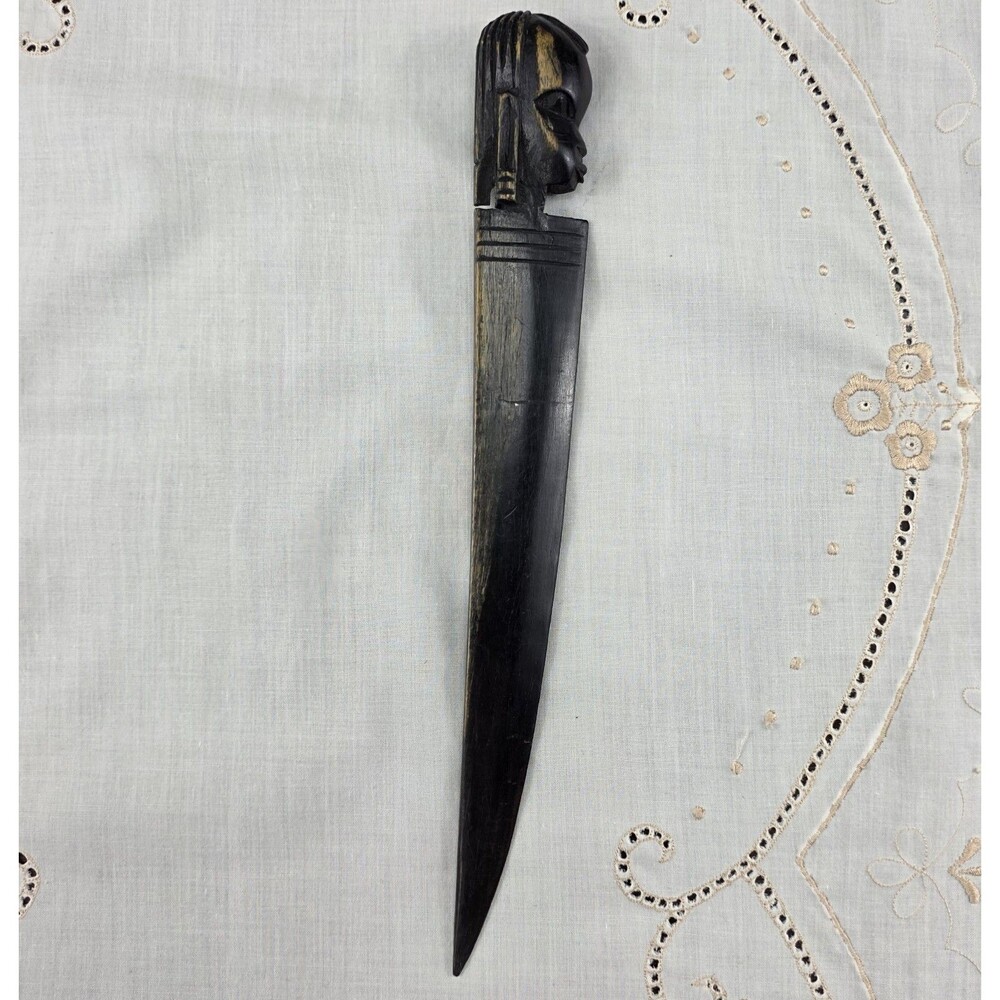 African Hand Carved‎ Tribal Head Wooden Bust Letter Opener Knife 10" Vintage